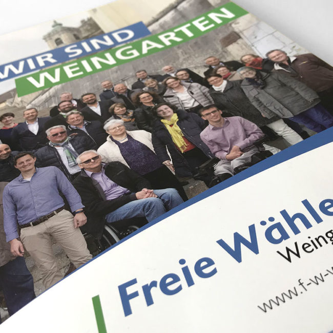 Wahlkampagne der Freien Wähler Weingarten mit Wahlprospekt, Plakaten, Flyern, Giveaways bis hin zum beklebten VW Käfer