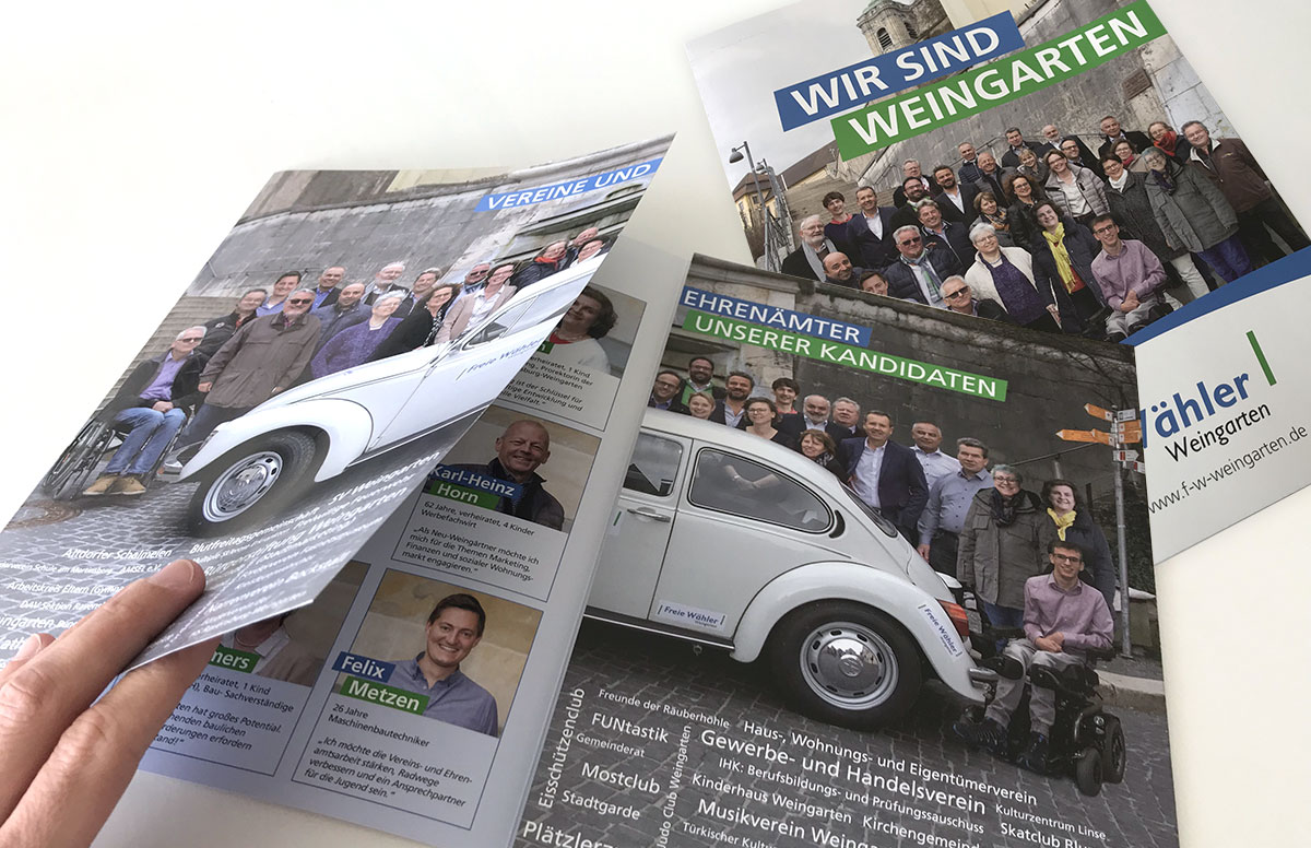 Wahlkampagne der Freien Wähler Weingarten mit Wahlprospekt, Plakaten, Flyern, Giveaways bis hin zum beklebten VW Käfer